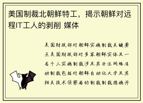 美国制裁北朝鲜特工，揭示朝鲜对远程IT工人的剥削 媒体